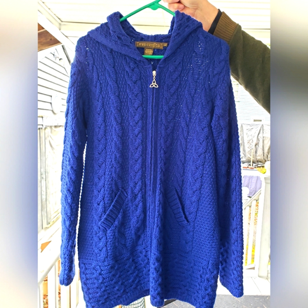 Inis Crafts Merino Wool Chunky Cable Knit Blue Sweater